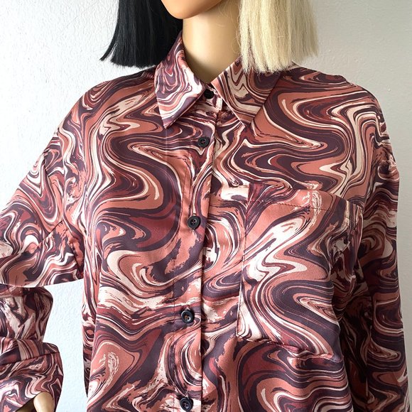 Swirl Print Button Up Blouse | Silky Blouse | Psychedelic Shirt | Funky Blouse S - Picture 4 of 9